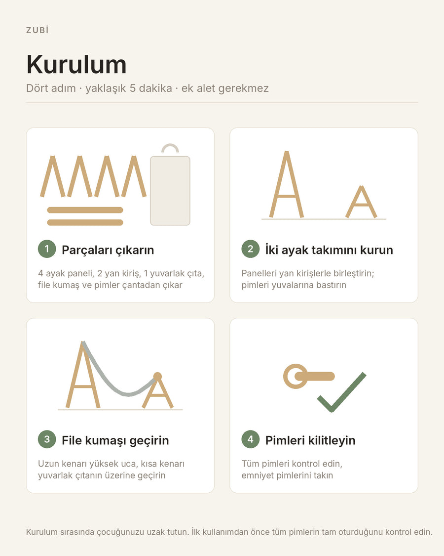 ZUBİ çocuk hamağı 4 adımlı kurulum kılavuzu — yaklaşık 5 dakika, ek alet gerekmez