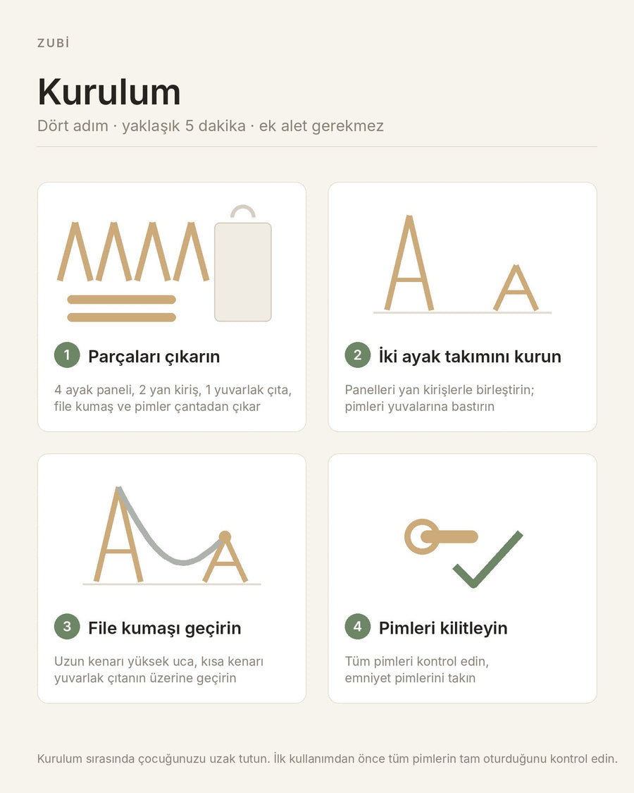 ZUBİ çocuk hamağı 4 adımlı kurulum kılavuzu