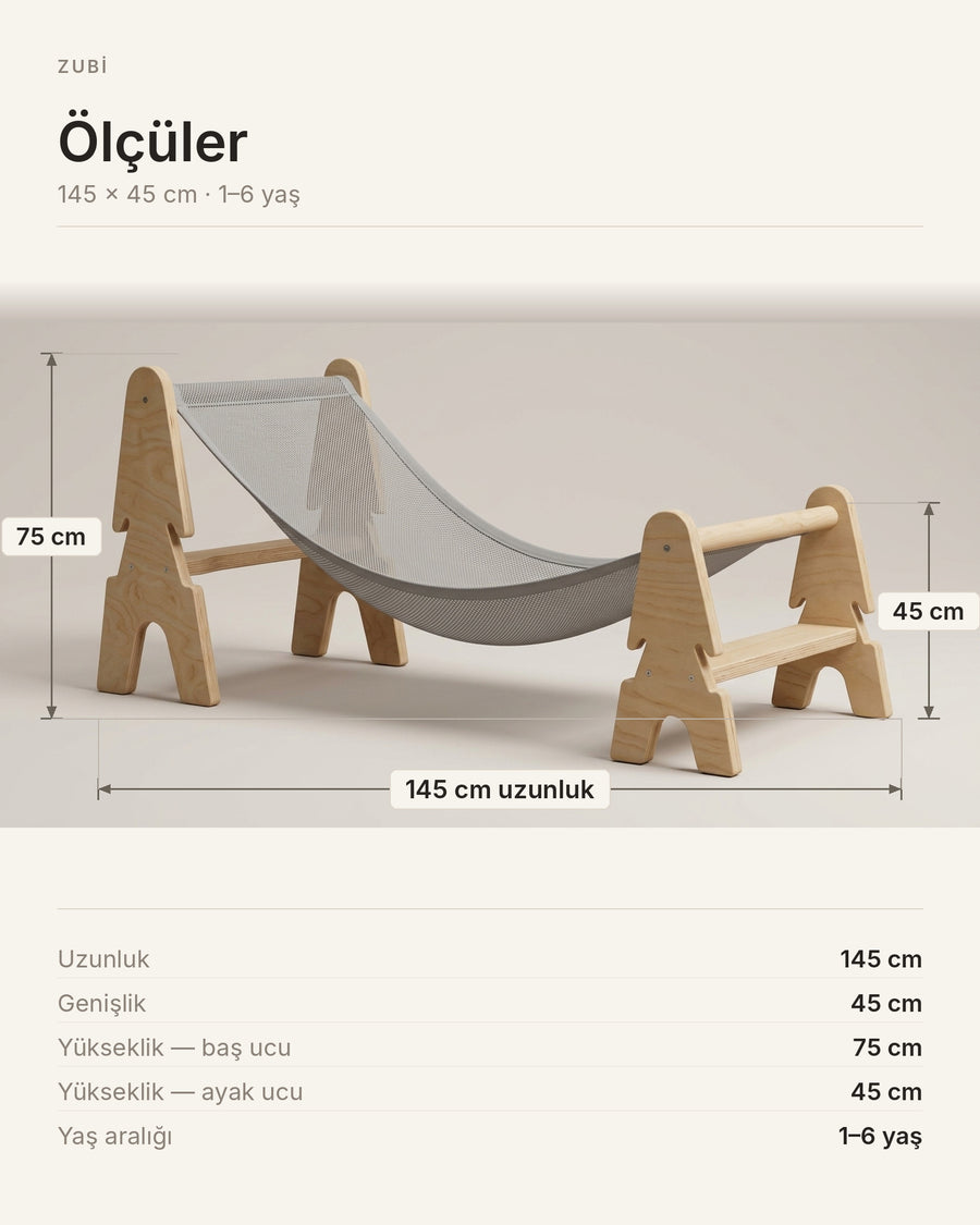 ZUBİ çocuk hamağı ölçü şeması — 145 cm uzunluk, 45 cm genişlik, baş ucu 75 cm, ayak ucu 45 cm