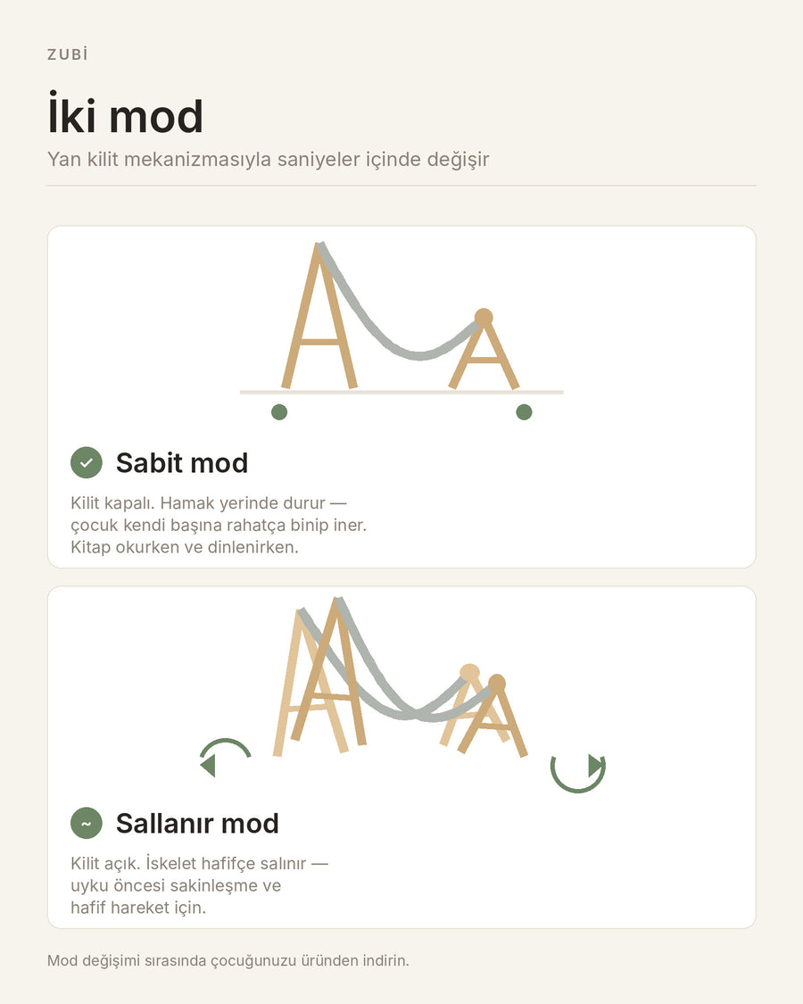 ZUBİ çocuk hamağı iki kullanım modu — sabit mod ve sallanır mod, yan kilit mekanizması