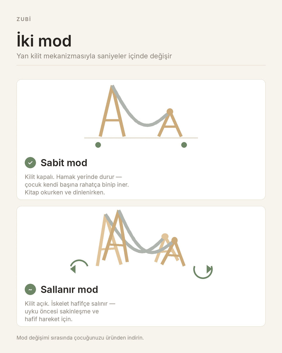 ZUBİ çocuk hamağı iki kullanım modu — sabit ve sallanır