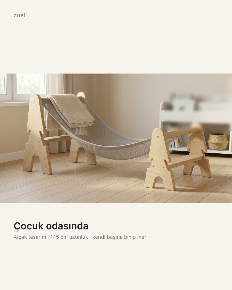 ZUBİ ahşap çocuk hamağı çocuk odasında — alçak tasarım, 145 cm uzunluk, huş kontraplak iskelet