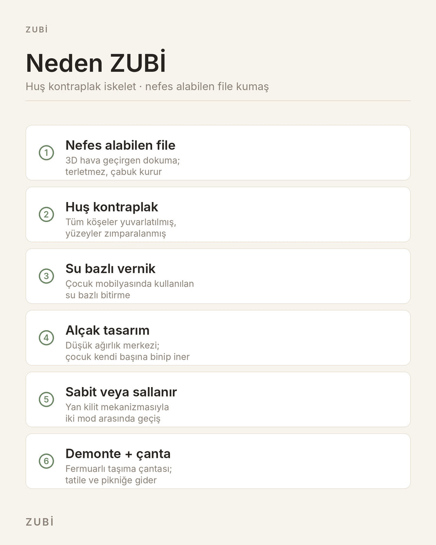 ZUBİ çocuk hamağı özellikleri — huş kontraplak iskelet, su bazlı vernik, demonte taşıma