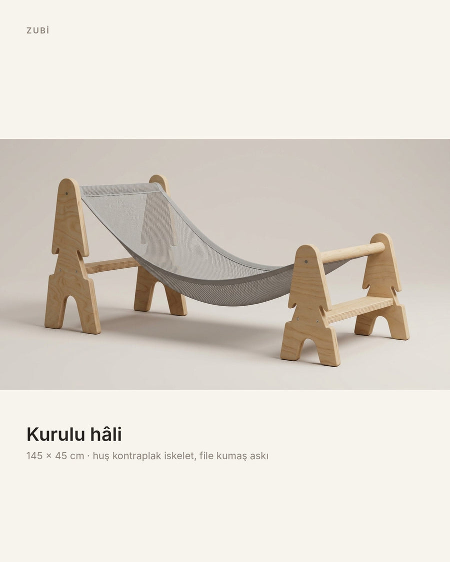 ZUBİ ahşap çocuk hamağı kurulu hâli — 145 × 45 cm, 3'lü paket